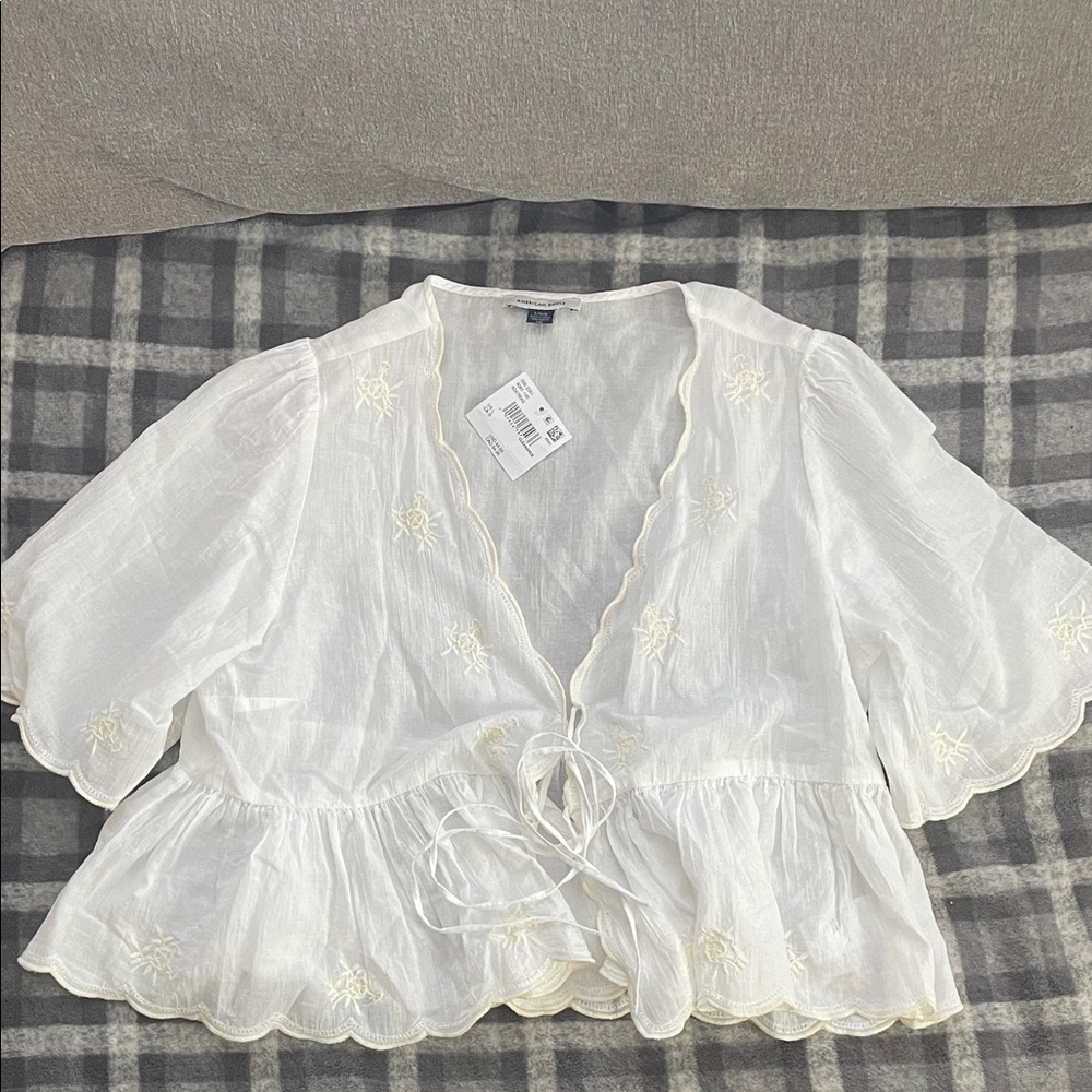 American Eagle Outfitters White Embroidered Crop Top